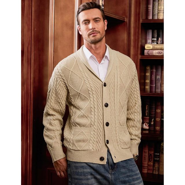 Custom Men's Casual Cardigan Sweater Long Sleeve Wool Blend Shawl Collar Buttons Cable Knit Autumn Spring Zipper Closure JMIERR
