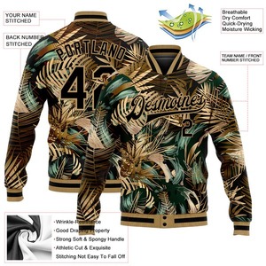 Chaqueta Varsity Personalizada con Estampado 3D de Palmera Hawaiana en Negro y Dorado Antiguo, Chaqueta Bomber con Cierre Completo, Chaqueta Letterman Premium Unisex para Ropa Urbana - Product Image 2
