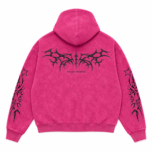 Sudadera Rosa Personalizada Vintage Y2K con Lavado Ácido, Cremallera Completa, Gráfico Tribal Gótico, Oversize, de Algodón Pesado, Estilo Urbano - Product Image 2