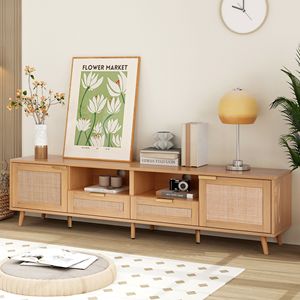 Mueble de TV Moderno Estilo Farmhouse para Televisores de hasta 85 Pulgadas, Centro de Entretenimiento de Madera Sólida con Patas de Madera Sólida y Ratán, Gabinete de Madera Sólida por Li - Product Image 6