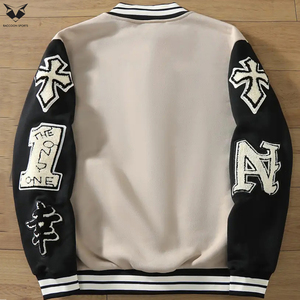 Letter & Cross Embroidery Towel Embroidery Badge Fashionable Fall Winter <b>Long</b> Sleeve Loose Fit No Lining College Baseball <b>Jacket</b> - Product Image 2