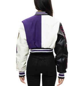 Blouson universitaire violet et blanc pour femme, manches longues, avec patchs lettres, col rabattable, boutonnage, coupe courte, vêtement d'extérieur automne - Product Image 2