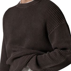 Heavy Washed Ribbed Knit Crew <b>Brown</b> Premium Ribbed Crewneck Sweater for Men Fashionable <b>Brown</b> Ribbed Long Sleeve Crewneck - Product Image 4