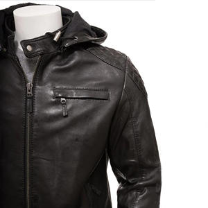 Chaqueta de Cuero Marrón para Hombre con Capucha Desmontable, Acolchado de Diamantes en los Hombros, Corte Ajustado, Piel de Oveja Auténtica, Estilo Casual, para Invierno, Tipo Moto - Product Image 2