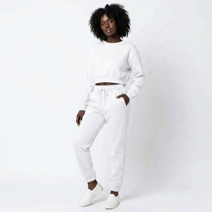 <b>Women's</b> <b>White</b> 2-Piece Knitted Fleece <b>Tracksuit</b> Set Hooded Full Sleeve Regular Fit Casual Winter Striped Anti-Bacterial - Product Image 1