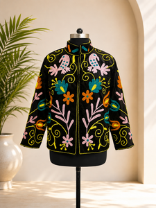 Blazer en velours noir brodé avec motif floral, col mandarin, manches longues, veste d'automne pour femme - Product Image 1