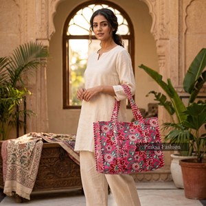 Bolsa de Mano Grande Acolchada de Algodón con Estampado Floral Rosa, Hecha a Mano, Multiusos, para la Playa, Viajes y Compras, para Mujer - Product Image 4