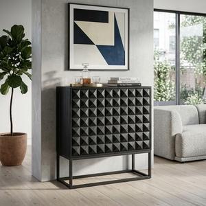 Dice Cabinet Black Modern Wooden Storage <b>Drawer</b> Organizer Featuring Geometric Diamond Pattern Carved Facade And Metal Base - Product Image 4