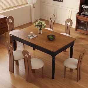 Modern Minimalist Solid Wood Rectangle Dining <b>Table</b> with Black Carved <b>Legs</b> and 4 Chairs for Family Dinner Hotel Apartment - Product Image 2