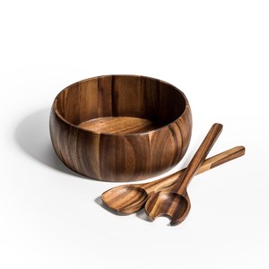 Juego de ensaladera de madera de acacia natural hecha a mano con utensilios de servir – Tazón de madera extragrande de 10 x 4 pulgadas de ancho para servir en eventos. - Product Image 1