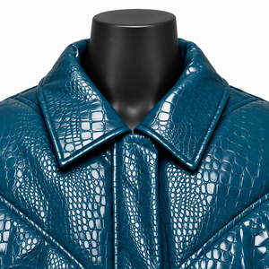 Blouson Bomber en Cristal Gaufré Bleu Écologique, Col Rabattu, Fermeture Éclair Avant, Manteau d'Hiver Classique Unisexe Style Moto - Product Image 3