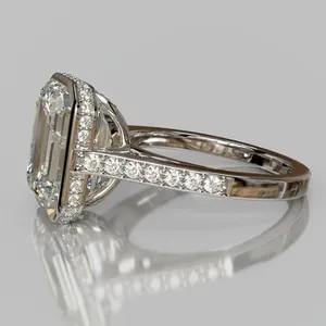 Tishya Diamond 5.20 TCW <b>Emerald</b> Cut Three Stone Bezel Setting IGI Certified Vintage Engagement <b>Ring</b> 14K White Gold <b>Silver</b> Plated - Product Image 4