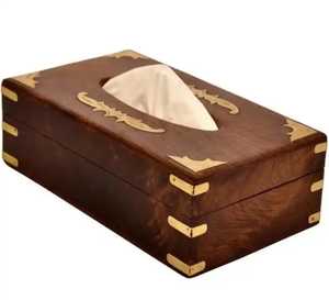 Wooden Tissue Box <b>Cover</b> With Brass Corner Accents Ornate Top Design Oval Opening Elegant Handcrafted Home <b>Table</b> Organizer - Product Image 2
