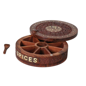 Boîte à épices en bois artisanale avec motif floral brûlé, 7 compartiments, Masala Dabba indien pour l'organisation de la cuisine - Product Image 6