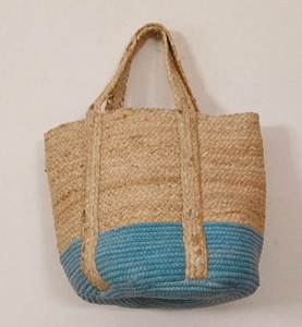 Bohemian Straw Cotton jute Tote Bag With Blue Bottom Two Handles Open <b>Top</b> For Beach Casual Use <b>Women's</b> Durable Handbag - Product Image 1