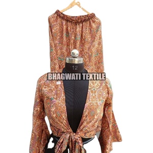 Women's Vintage Silk <b>Wrap</b> Crop Top with Floral Print Handmade Boho Hippie Style Bell Sleeves Summer Casual Top - Product Image 1