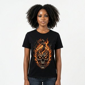 T-shirt personnalisé pour femme avec motif flamme et crâne, imprimé graphique feu, en coton épais, style streetwear hip-hop, fabricant de t-shirts pour femmes - Product Image 1