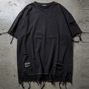 Plus Size Distressed Black Tee Shirt Men Drop Shoulder Tee Shirts Men's Distress Washed T-Shirts Mens Summer Distress Black Tee - Product Image 3