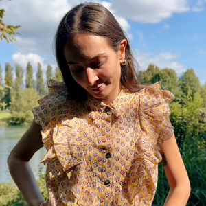 Women Yellow Block Print Cotton <b>Boho</b> Blouse with Layered Ruffle Sleeves Soft Breathable Summer Top - Product Image 1