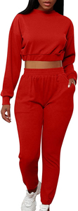 Women's <b>Red</b> Knitted 2-Piece Set Crew Neck <b>Crop</b> <b>Top</b> Ankle Length Pants Casual Tracksuit Regular Fit All Seasons 100% Cotton - Product Image 2