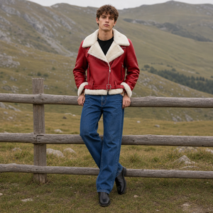 Men's Genuine Leather Motorcycle Jacket With Faux Fur Lining Windproof Biker Style Winter <b>Coat</b> <b>Zipper</b> Closure Belted Design - Product Image 3