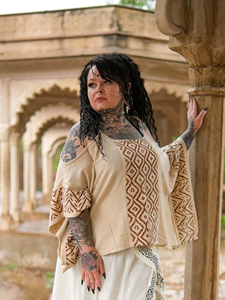 Handmade Block Print Cotton Poncho <b>Top</b> Boho <b>Festival</b> Clothing Tribal Geometric Print Kaftan Summer Beach Cover Up Kimono Blouse - Product Image 3