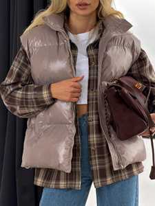 Gilet matelassé pour femme, veste en duvet, tissu en denim de peau de mouton, col à capuche, manches longues, fermeture éclair, couleur unie - Product Image 3