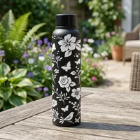 Bouteille d'eau en acier inoxydable noir avec imprimé floral papillon, bouteille isotherme réutilisable avec bouchon à vis pour le bureau