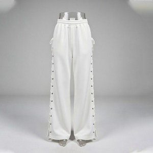 Pantalon décontracté pour femme à jambes larges avec détails de lacets latéraux, taille élastique, coupe décontractée - Product Image 5
