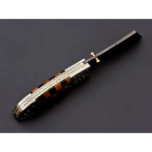 Cuchillo de Bolsillo de Acero de Damasco Hecho a Mano de Grado Industrial Burraq, con Funda de Cuero y Madera, Regalo de Aniversario, Regalo para Padrinos de Boda - Product Image 2