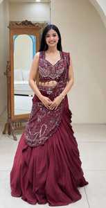 Ensemble Lehenga Choli Saree en Soie Véritable Brodé Bordeaux à Séchage Rapide, Longueur Ras du Sol, Tenue de Mariage et de Fête pour Femme - Shivam Hub - Product Image 6