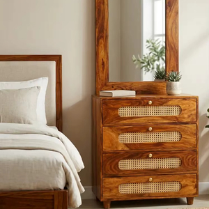 Mid-Century Modern Solid Wood Rattan <b>Dressing</b> Table | 4 Drawer Cane Webbing Vanity with Mirror | Wholesale Bedroom Furniture - Product Image 1