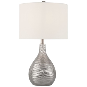 Sleek design Hammered Silver <b>Table</b> Lamp Set of 2 Luxury Textured Metal Base White Fabric Shade Elegant <b>Bedside</b> Nightstand Light - Product Image 2