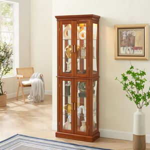 <b>Walnut</b> 6-Tier Lighted Curio Display Cabinet with Tempered Glass Doors & Adjustable Shelves <b>Mirrored</b> Back Panel - Product Image 4