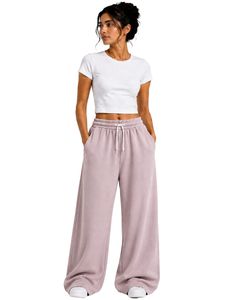 Pantalones de chándal anchos de mujer rosa empolvado personalizados, de cintura alta, ajuste holgado, estilo casual urbano, de felpa, con cordón y bolsillos - Product Image 1