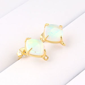 Natural ethiopian opal cushion shape studs handmade prong setting gemstone <b>earrings</b> gold plated push <b>back</b> daily wear ear jewelry - Product Image 1