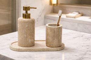 Luxury bath set white marble bathroom decor soap dispenser <b>toothbrush</b> <b>holder</b> bathroom tray marble canister vanity organiser - Product Image 3