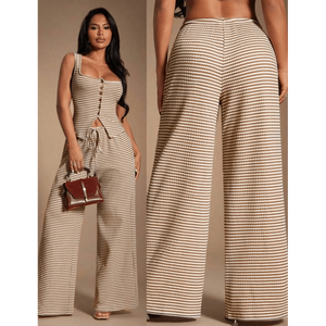 ชุดเซ็ตสไตล์คอร์เซ็ตสีเบจลายทางสำหรับผู้หญิง ประกอบด้วยเสื้อแขนกุดติดกระดุมด้านหน้า และกางเกงขายาวเอวสูงรูดเชือก - Product Image 4