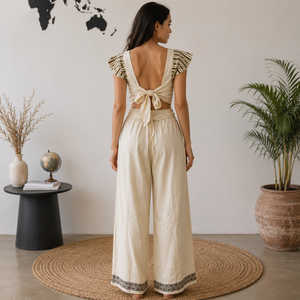 Pantalon Palazzo Femme Ivoire Ample à Jambes Larges avec Ceinture à Nouer, Bordure Géométrique, Taille Élastique, Style Bohème pour l'Été, la Plage et les Vacances, Coupe Décontractée - Product Image 4