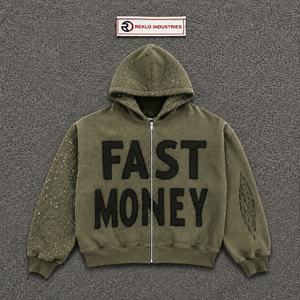 Fast Money for Embroidered Hoodie Men's Oversized Zipper Front Olive Green Hip Hop Sweatshirt Breathable Winter Style - Product Image 5