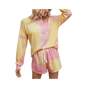 Conjunto de Top de Manga Larga con Estampado Tie Dye y Pantalones Cortos para Mujer, Cuello Redondo, Cordón Ajustable, Ropa Casual para Estar en Casa, Color Degradado Rosa y Amarillo, Atuendo de Verano - Product Image 3