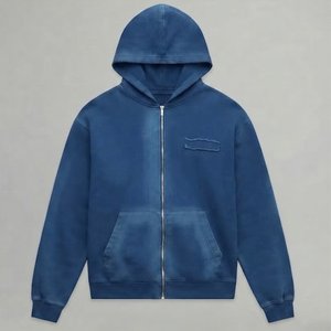 Conjunto Deportivo de Algodón Azul Lavado al Ácido, con Capucha y Cremallera, Manga Larga, Color Sólido, Estilo Casual para Otoño, Corte Regular, con Bolsillos Laterales - Product Image 3