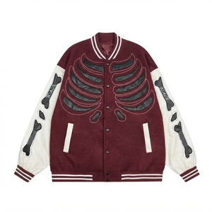 Blouson Bomber Tendance avec Applique Squelette, Manches en Laine/Viscose, Style Streetwear Hip Hop Vintage, Vêtement Athlétique d'Hiver pour Homme - Product Image 1