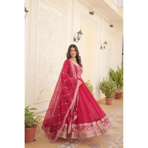 Rich <b>Sequins</b> Embroidered Ball Gown <b>Party</b> Wear with Empire Waistline Made of Organza Fabric - Product Image 1