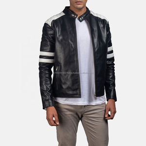Chaqueta de Motociclista de Cuero para Hombre con Franjas Blancas, Personalizada, de Cuero Vacuno, con Cuello Alto, Transpirable e Impermeable - Product Image 1