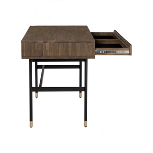 Modern Slatted <b>Wood</b> Office <b>Desk</b> with Industrial Black Metal Frame and Gold-Tipped Legs for Home and Office - Product Image 5