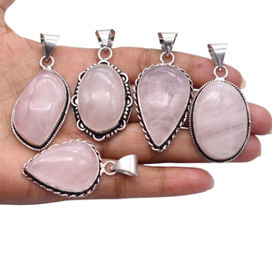 Lot de 5 Colliers Pendentifs Ovales en Quartz Rose Naturel et Obsidienne, Sertissage Bezel Plaqué Argent Antique, Bijoux Vintage Unisexe Chrétien - Product Image 6