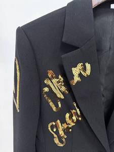 Womens Black Gold Sequin Cursive Lettering <b>Blazer</b> Suit <b>Set</b> 2 Piece Tailored Pantsuit - Product Image 4