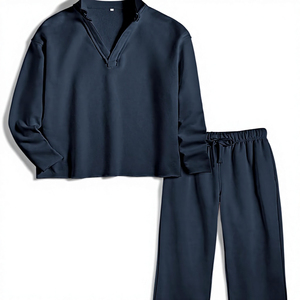 Ensemble de survêtement décontracté pour femme, bleu marine, avec pull à demi-zip à manches longues et pantalon à taille élastique, couleur unie, style vintage, écologique et léger - Product Image 3
