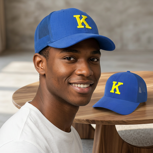 Casquette de camionneur en maille bleue avec broderie K jaune, ajustable, six panneaux, unisexe, décontractée - Product Image 6
